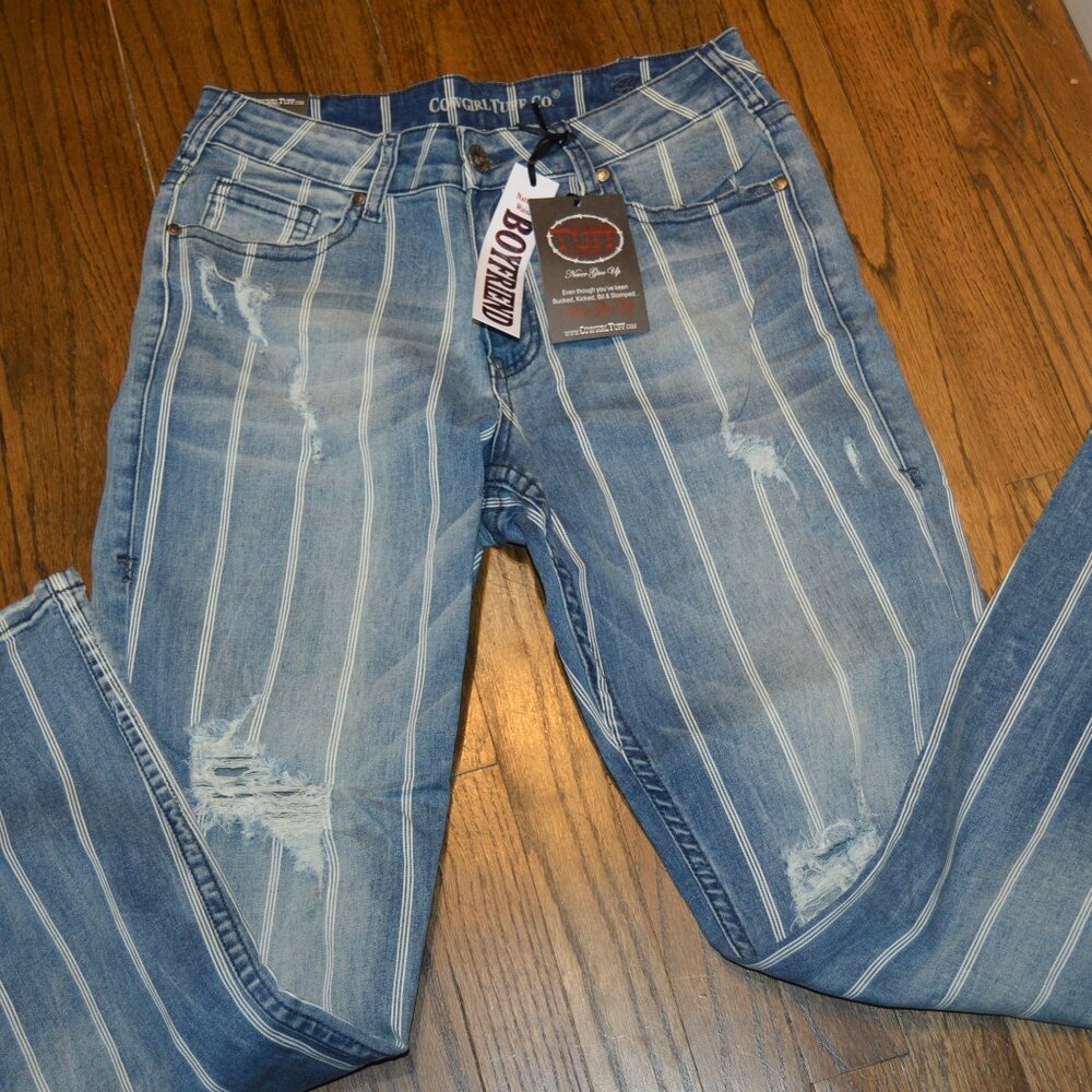 Cowboy TUFF Boyfriend Trousers Jeans~Railroad Stripe Denim~29Short~ W 31 L NWT